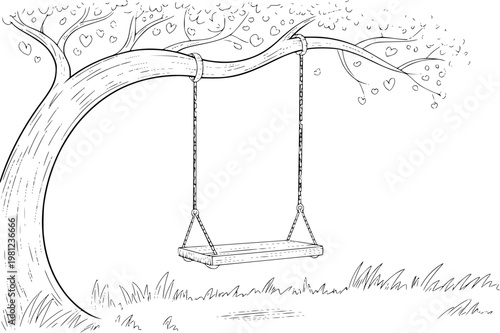 Hand-drawn of a wooden swing hanging from a tree branch with heart-shaped leaves, a white background