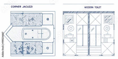 Architectural plans showcasing a corner jacuzzi and a modern toilet layout
