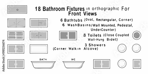 Orthographic views of various bathroom fixtures including toilets sinks and tubs