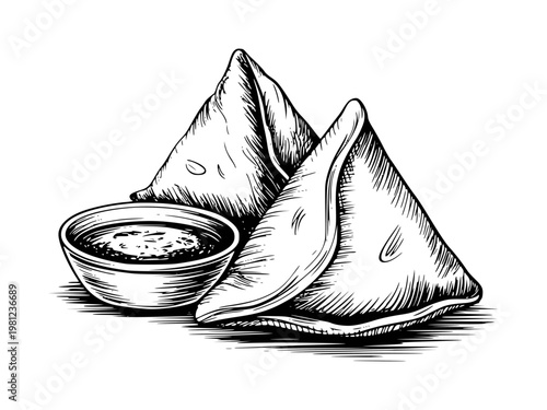 Hand-drawn of samosas with a bowl of dipping sauce white background, food snack indian
