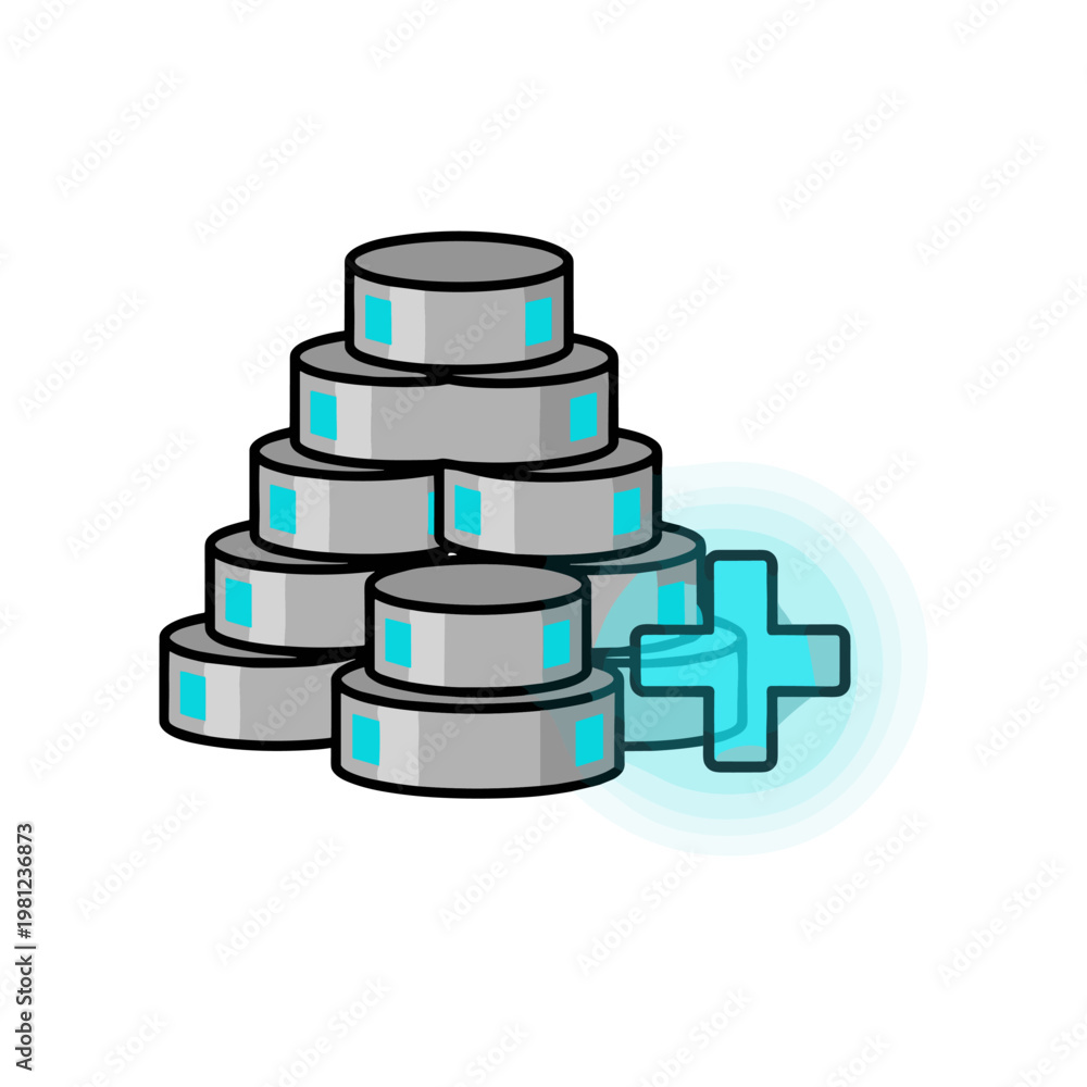 Fototapeta premium A stack of data storage units with a glowing blue plus sign represents digital expansion and growth.