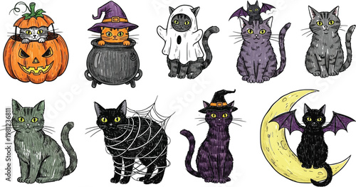 Whimsical halloween themed cats and classic spooky icons in playful illustrations Vector