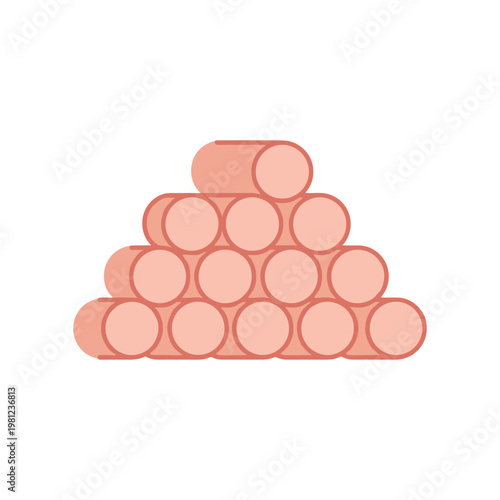 A perfectly stacked pyramid of multiple red cylindrical objects, showing organized arrangement.