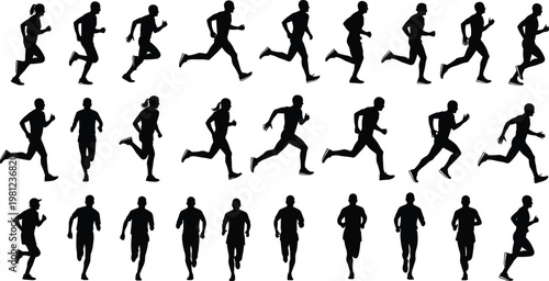 Running people silhouette set, jogging athletes collection, male female runners vector, fitness training poses, isolated black sport figures, marathon exercise concept