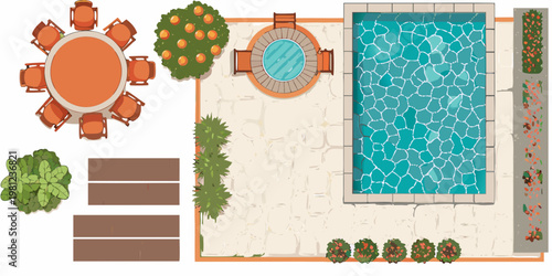 Aerial view of a backyard showcasing a pool dining and garden areas