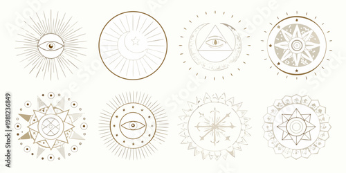 Collection of mystical symbols featuring eyes moons and starburst designs