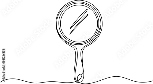 Minimalist line of a handheld mirror with reflection white background, beauty cosmetic