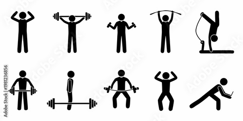 Stick figures demonstrate various athletic exercises and gymnastic poses
