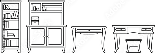 Wooden furniture line art collection featuring bookshelf cabinet desk and classic home interior elements minimal outline vector set