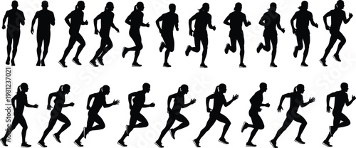 Running athletes silhouette set, jogging people collection, male female runners vector, fitness training poses, isolated black sport figures, active lifestyle concept