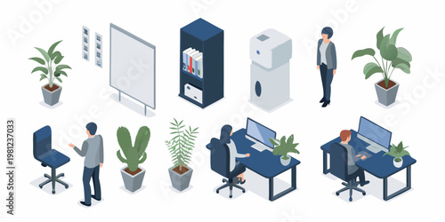 Isometric illustration of a modern office workspace with employees and equipment