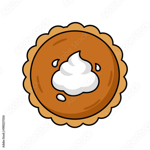 An appetizing cartoon illustration of a perfectly baked pie with a dollop of whipped cream.