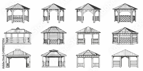 Collection of black and white gazebo illustrations in various designs