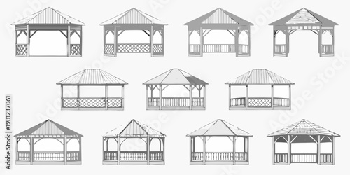 Collection of grayscale gazebo designs with varying roof styles and details