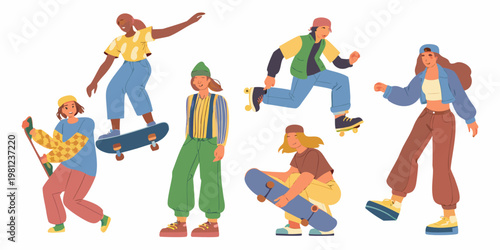 Diverse group of young adults enjoying skateboarding and casual street style