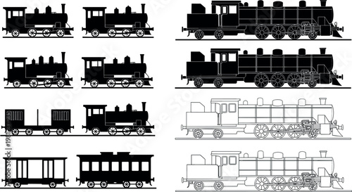 Vintage Steam Train Set with Multiple Locomotives and Wagons in Silhouette and Outline Styles Railway Transport Vector Illustration Collection