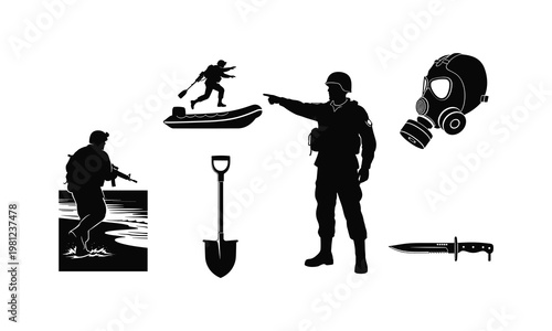 Military soldier silhouette vector with gas mask and shovel illustration on white surface