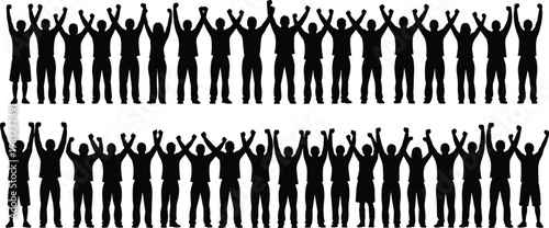 Large crowd of people silhouettes cheering with raised arms for sports stadium fans concert audience and successful corporate celebration events vector illustration