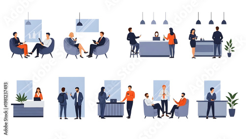 People Waiting in Hospital Reception Elements Architectural Blueprint Human Activity Technical Line Vector Illustration, Clean White Background