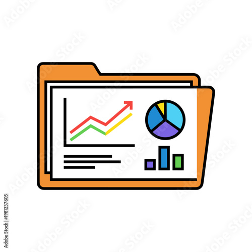 A digital folder icon displays various financial charts and graphs indicating data analysis and business growth.