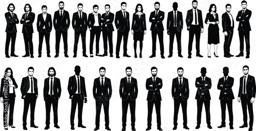 Large collection of professional business people silhouettes standing in formal suits for corporate team building leadership and office staff vector illustration