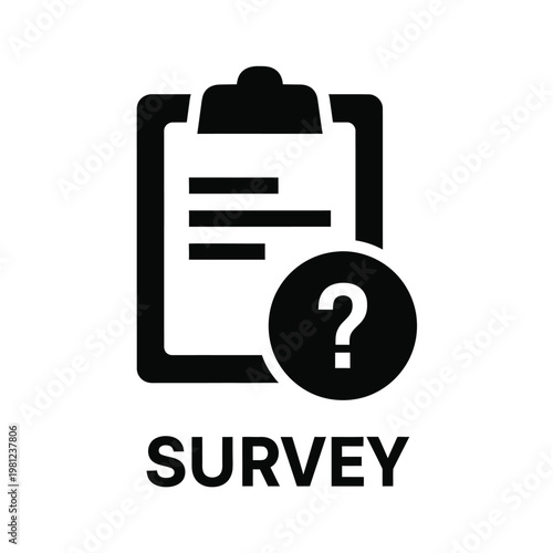 A black silhouette of a clipboard with survey lines accompanied by a question mark symbol and text high quality