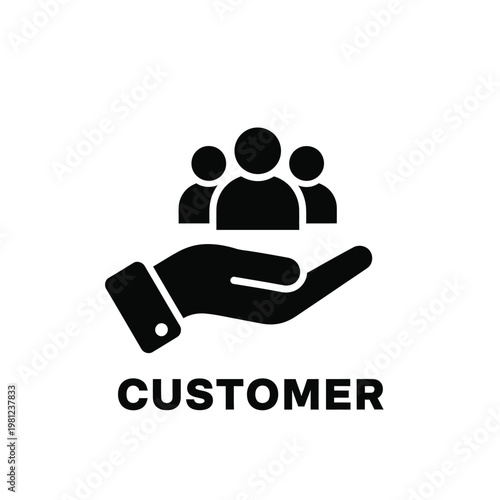 A black silhouette of a hand cradling three people representing customer care and support services high quality professional detailed