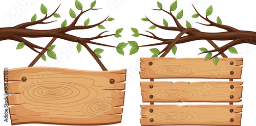Wooden signboard vector set with tree branches leaves rustic planks natural forest banner and empty wooden boards