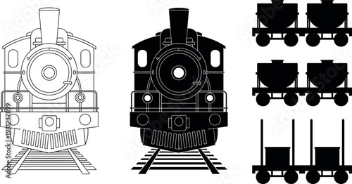 Steam Train Front View and Cargo Wagon Set with Detailed Railway Transport Silhouette and Line Art Vector Illustration Collection