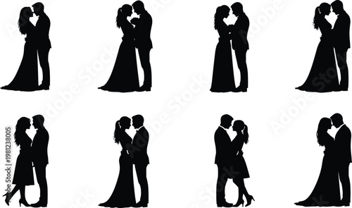 Romantic couple silhouette standing together, love vector illustration, wedding design artwork, romantic embrace scene, cad drawing flat vector illustration