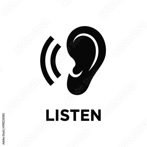 A minimalist black icon depicts a human ear alongside the word listen in bold capital letters high quality professional
