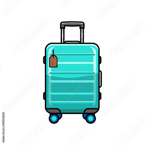 A bright turquoise travel suitcase with wheels and a luggage tag, ready for an adventure or journey.