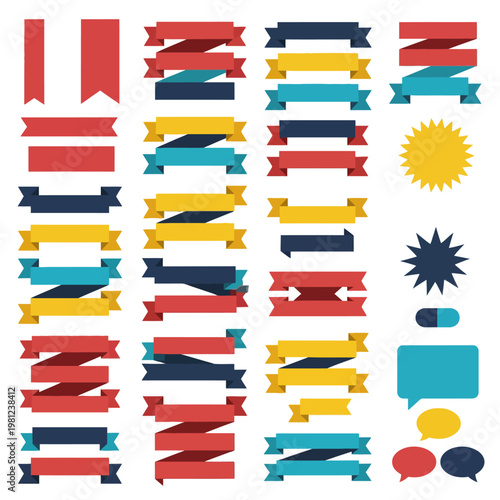 A vibrant collection of colorful ribbons and shapes arranged vertically.