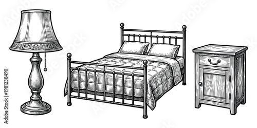 Vintage Bedroom Set: Bed, Nightstand, and Lamp