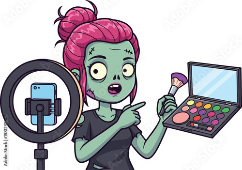 Cartoon zombie beauty vlogger recording makeup tutorial with brush, palette, ring light, smartphone, and humorous undead theme