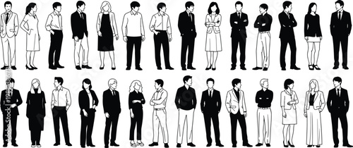 Business people silhouette set, corporate team collection, men women office workers vector, professional standing poses, isolated black white illustration, workplace concept