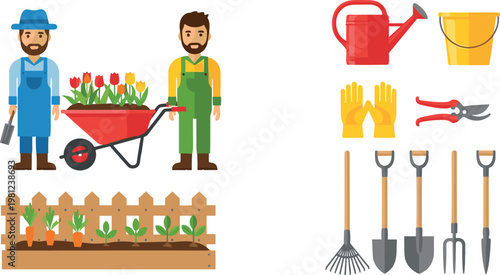 Gardening Tools and Plants Vector Set with Workers, Watering Can, Gloves, and Gardening Equipment