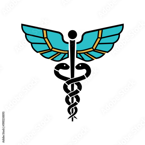 A brightly colored caduceus symbol featuring black intertwined snakes with vibrant teal and gold wings.