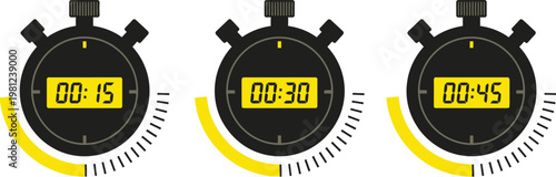 A set of three flat vector stopwatch icons displaying fifteen, thirty, and forty-five seconds with yellow progress bars on white