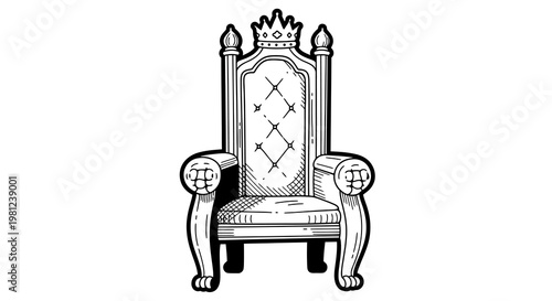 Ornate royal throne with crown in black and white sketch style