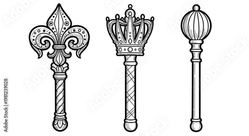 Ornate black and white royal scepters with fleur-de-lis and crown designs