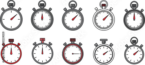 A collection of ten distinct flat vector stopwatch icons featuring varied red and grey color schemes for precise time measurement