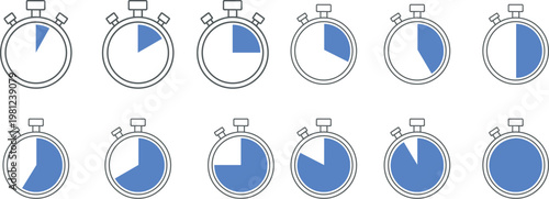 A set of twelve flat vector stopwatch icons showing progressive time intervals with blue fill on a white background