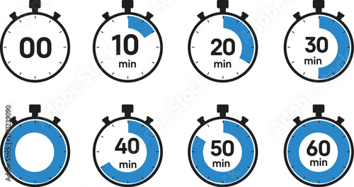 A collection of eight flat vector stopwatch icons displaying various time intervals from zero to sixty minutes in blue