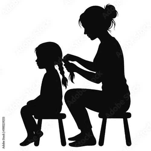 Mother braiding daughter's hair silhouette isolated on transparent background
