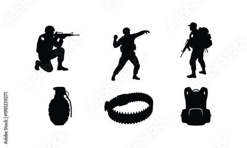 Military soldiers vector silhouette illustration, grenade, backpack, ammo belt line art