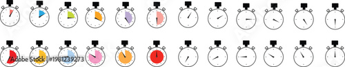 A comprehensive collection of flat vector stopwatch icons featuring various colorful time segments and precise hand positions for timing projects