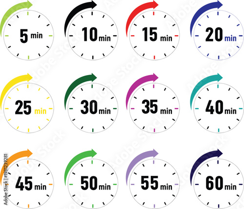 A collection of twelve colorful circular clock icons representing time intervals from five to sixty minutes with curved arrow indicators