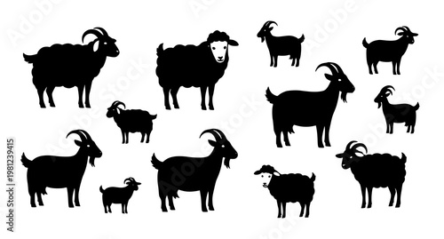 Mixed sheep and goat silhouette collection vector with dynamic herd arrangement minimalist animal icons