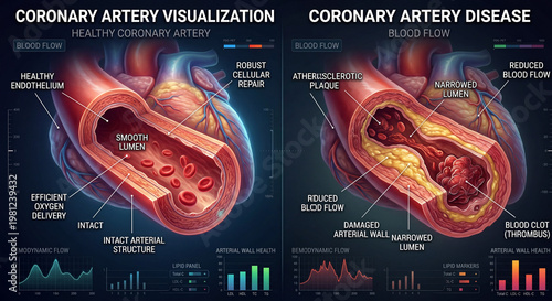 Coronary artery disease. A medical image showing heart disease. Created using artificial intelligence. Consult a specialist for medical advice or diagnosis.